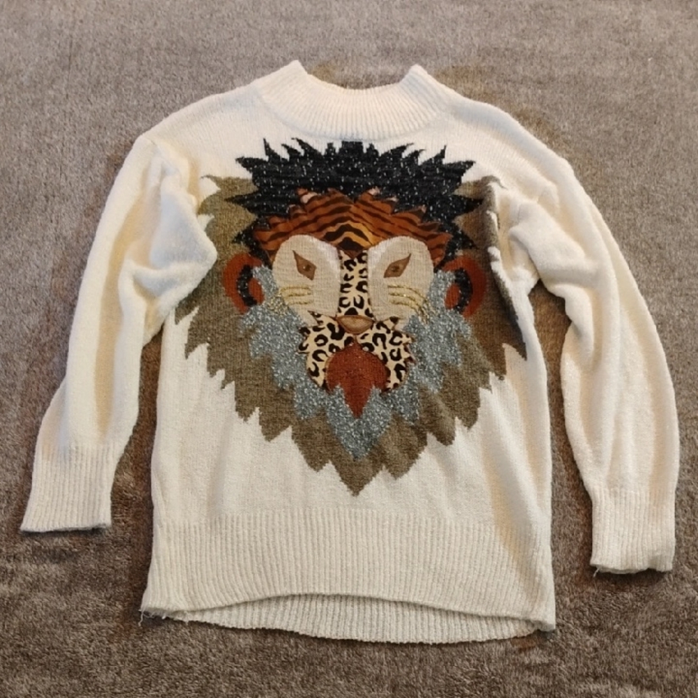 Vintage 80s-90s Mixed Material Lion Mock Neck Sweater Oversized
